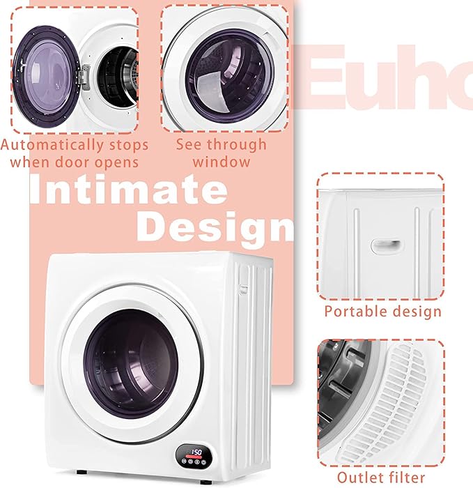 Euhomy Compact Clothes Dryer, 1500W Stainless Steel Dryer, 3.5 cu.ft, LCD - Image 3