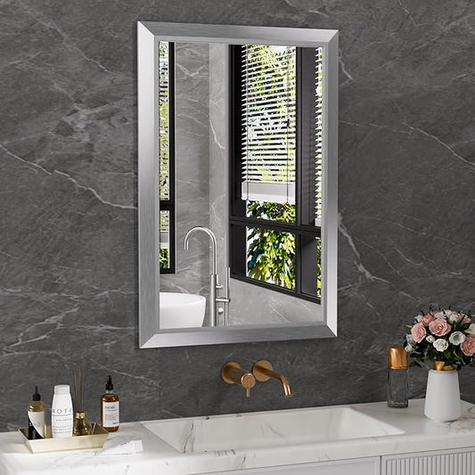 Amorho 24x36 Inch Bathroom Mirror Silver, Thick Metal Framed Wall Mirrors by Amorho
