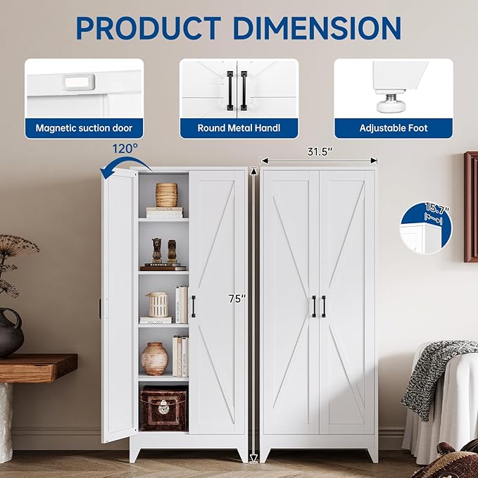 White Tall Farmhouse Metal Pantry Linen Storage Cabinet and Organizers - Image 4