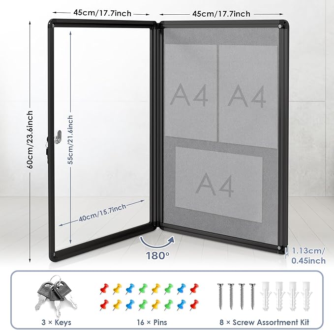 Enclosed Bulletin Board 24x18 in, Lockable Felt Board Bulletin Board - Image 2