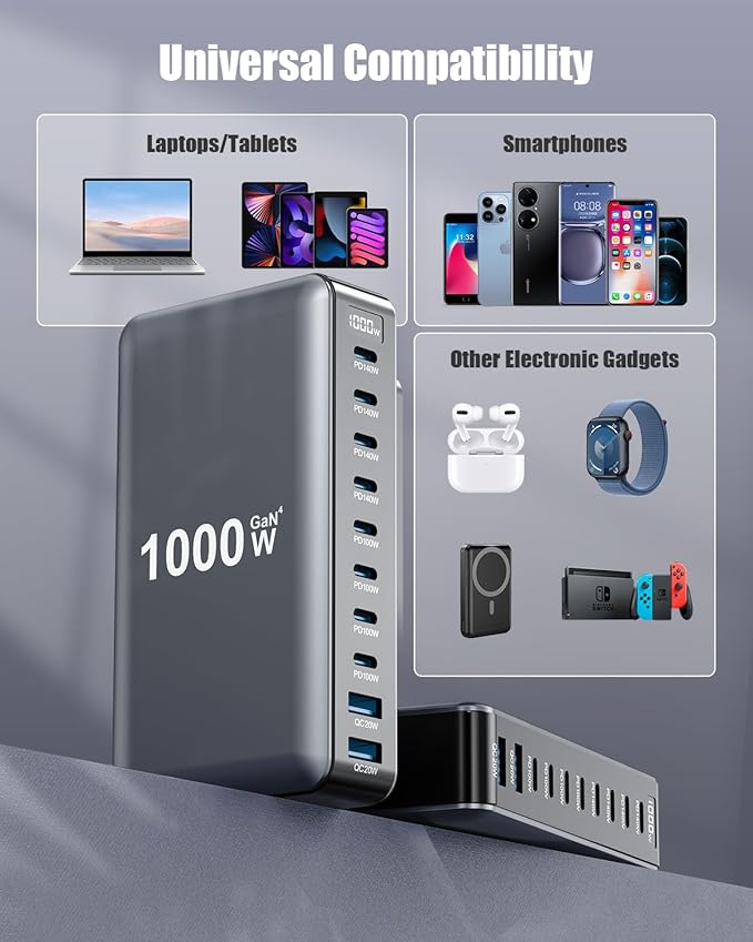 1000W USB C Charger Block, 10-Port USB C Charging Station GaN IV Travel - Image 4