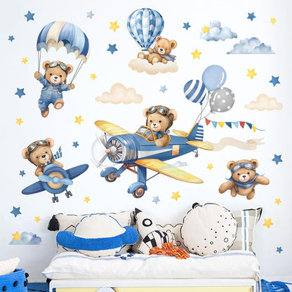 decalmile Airplane with Animals Bear Hot Air Balloon Wall Decals Stickers