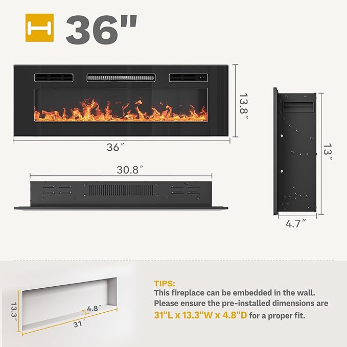 DWVO 36 Inches Electric Fireplace, Recessed or Wall Mounted, Fireplace Heater - Image 2