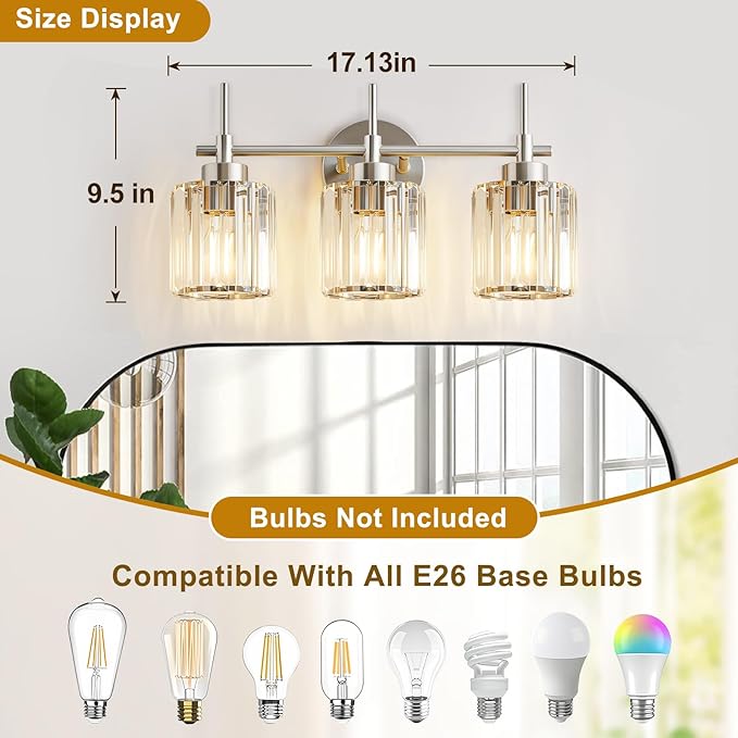 EJIAXIN 3 Light Crystal Bathroom Light Fixtures, Brushed Nickel Vanity Mirror - Image 5
