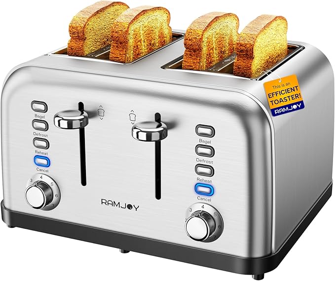 Toaster 4 Slice, Dual Independent Controls, Extra Wide Slot Toasters by RAMJOY