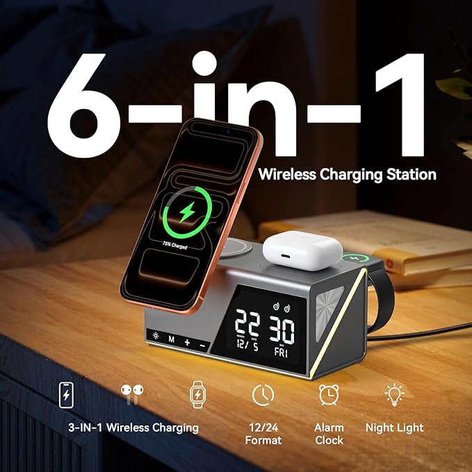 4URPC 6-in-1 Alarm Clock Wireless Charging Station - Image 2