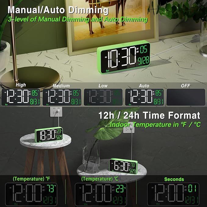 KOSUMOSU Digital Clock for Bedroom, 6.7in Desk Clock, Auto Dimming, Room - Image 2