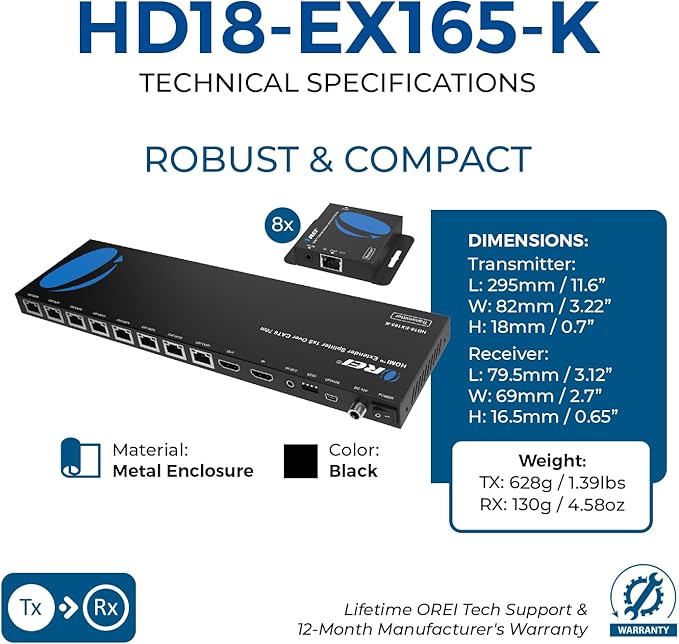 OREI 4K 1x8 HDMI Extender Splitter Multiple Over CAT 6/7 Cable - Image 5