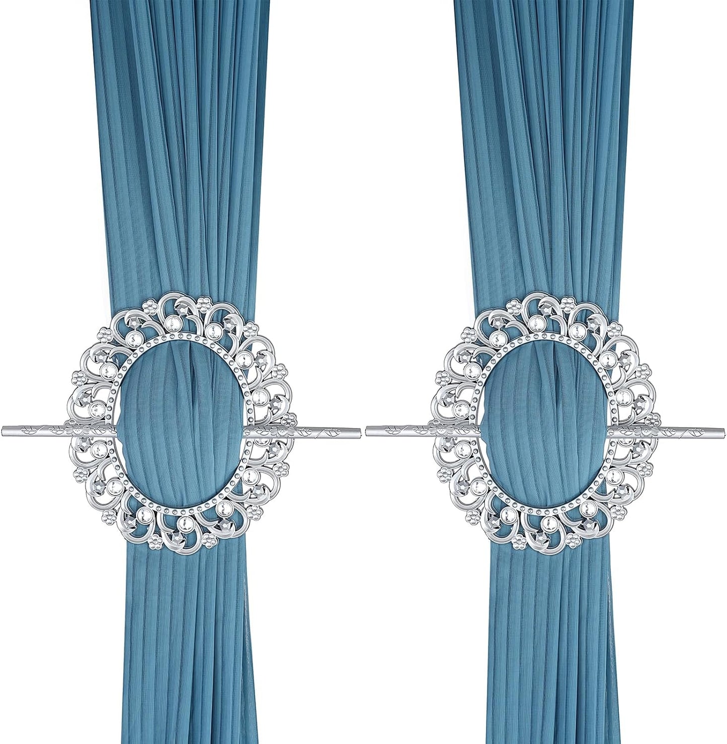 2 Pack Silver Curtain Tiebacks Round Curtain Holdbacks Plastic Curtain Clips Buckle Drapery Holdbacks Crystal Drapery Tiebacks for Home Window Decoration, with Fixing Rod (Silver)