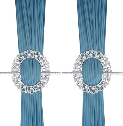 2 Pack Silver Curtain Tiebacks Round Curtain Holdbacks Plastic Curtain Clips Buckle Drapery Holdbacks Crystal Drapery Tiebacks for Home Window Decoration, with Fixing Rod (Silver)