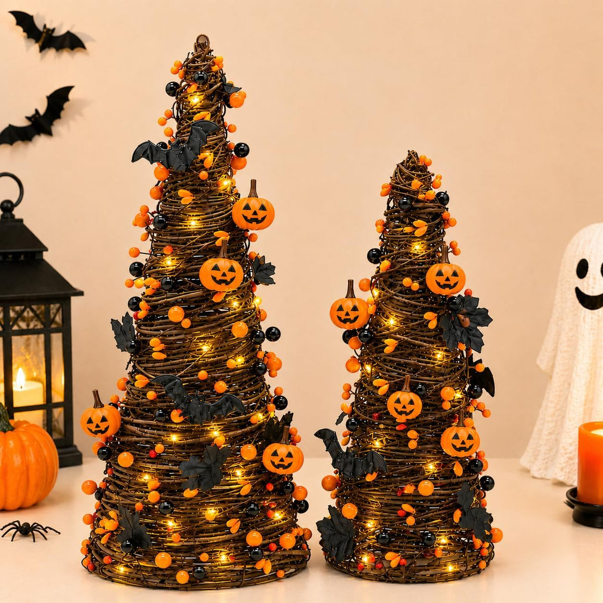 2Pack Lighted Halloween Tabletop Trees with Timer, Pumpkin Bat Decor