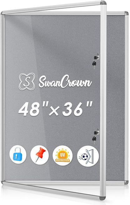 SWANCROWN Enclosed Bulletin Board 48x36in, Tamperproof Lockable Grey Felt Board by SWANCROWN