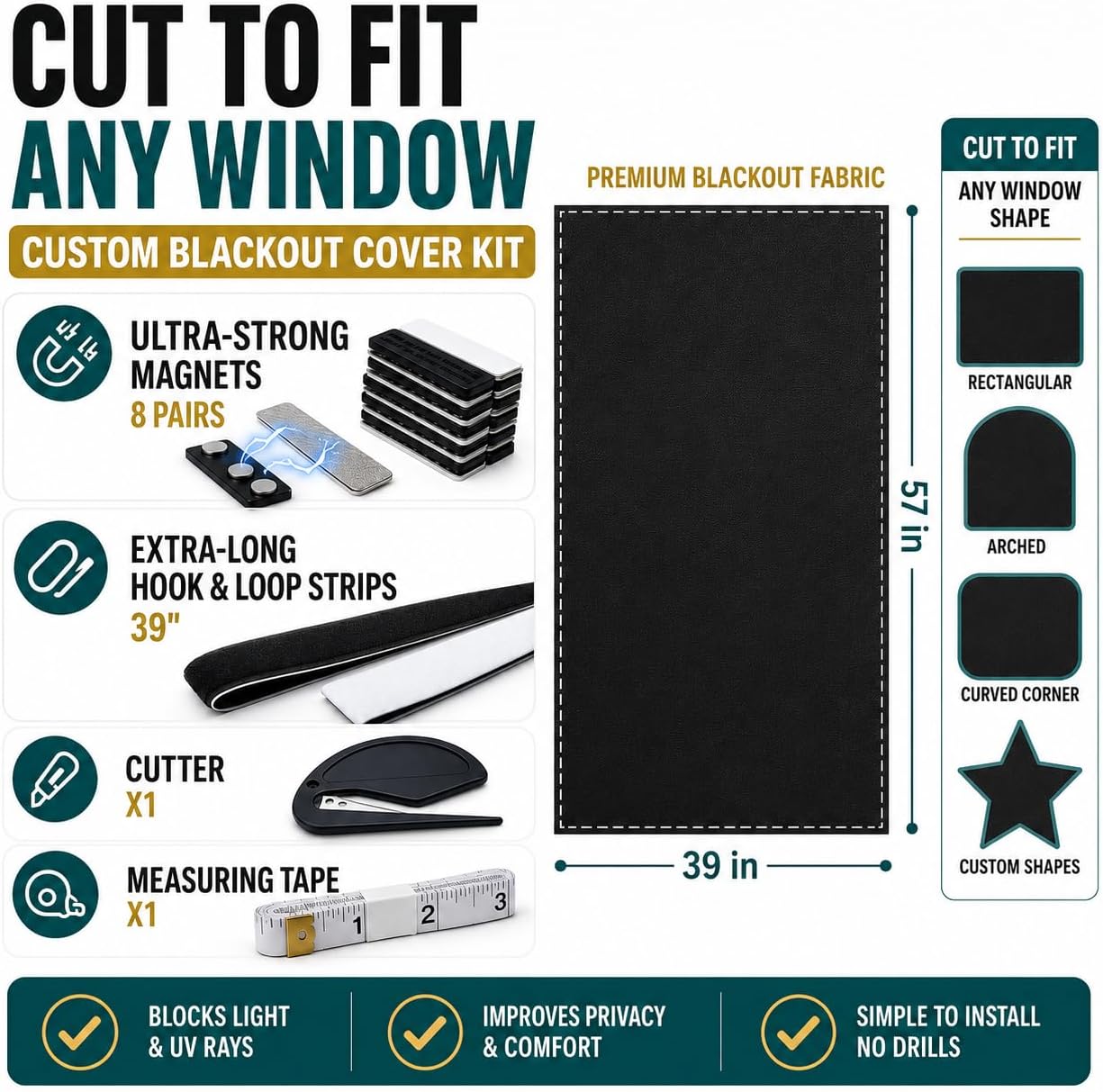 100% Blackout Curtains for Bedroom, Blackout Blinds No Drill with Magnetic & Velcro, Black Out Window Cover – Heat Insulation, Easy Install for Travel, Nursery, Media Room, RV, 39” x 57”