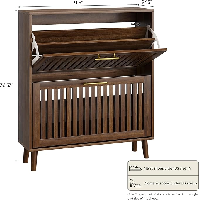 Shoe Storage Cabinet with 2 Flip Slatted Drawers, Narrow Wood Shoe Cabinet with - Image 2