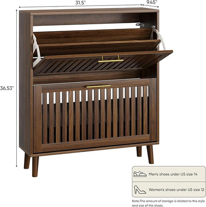Shoe Storage Cabinet with 2 Flip Slatted Drawers, Narrow Wood Shoe Cabinet with - Image 2