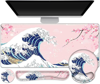 Gaming Mouse Pad, Large Desk Mat, Cute Desk Pad Protector, Japanese Wave of by ToLuLu