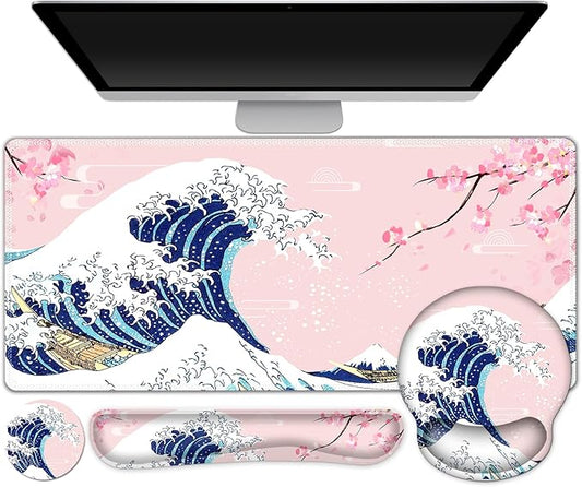 Gaming Mouse Pad, Large Desk Mat, Cute Desk Pad Protector, Japanese Wave of by ToLuLu