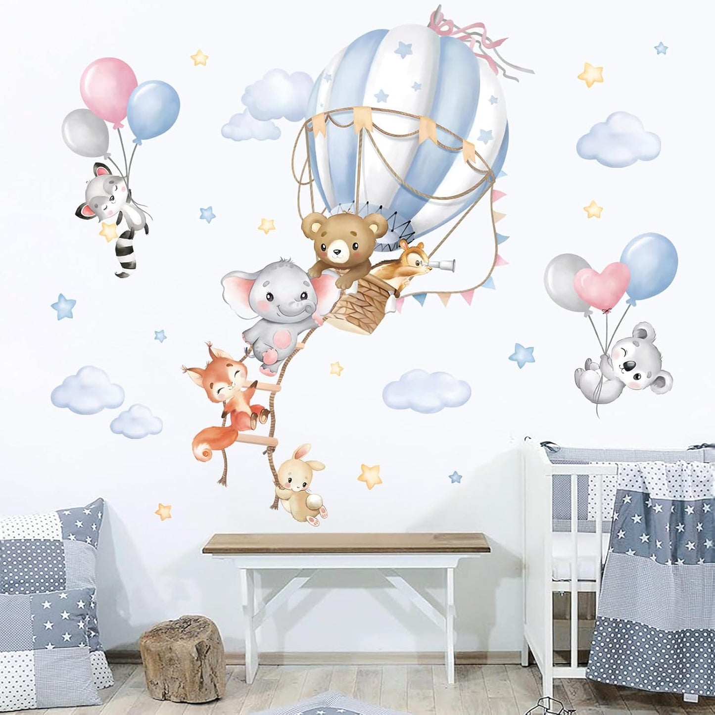 wondever Large Hot Air Balloon Animals Wall Decals Bear Elephant Fox Peel and Stick Wall Art Stickers for Kids Baby Nursery Bedroom | Peel and Stick, Removable, Wall Art Decals, Wall Decoration, Kids Room, Bedroom Baby Nursery Playroom Decor