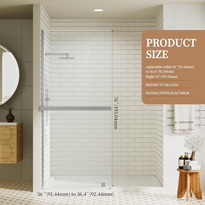 36" W x 76" H Fixed Glass Shower Panel, Frameless Shower Glass Panel - Image 2