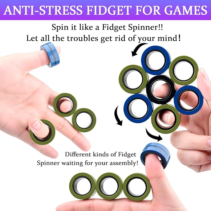 Cevioce 9 PCS Magnetic Ring Fidget Toys Set, ADHD Anxiety Magnetic Finger - Image 4
