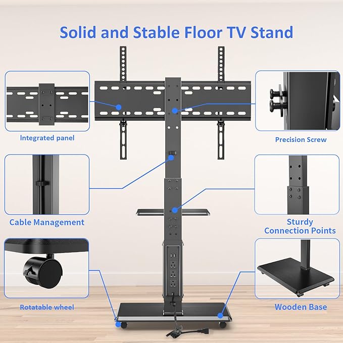 Rolling TV Stand with Power Outlet, Mobile TV Cart - Image 8