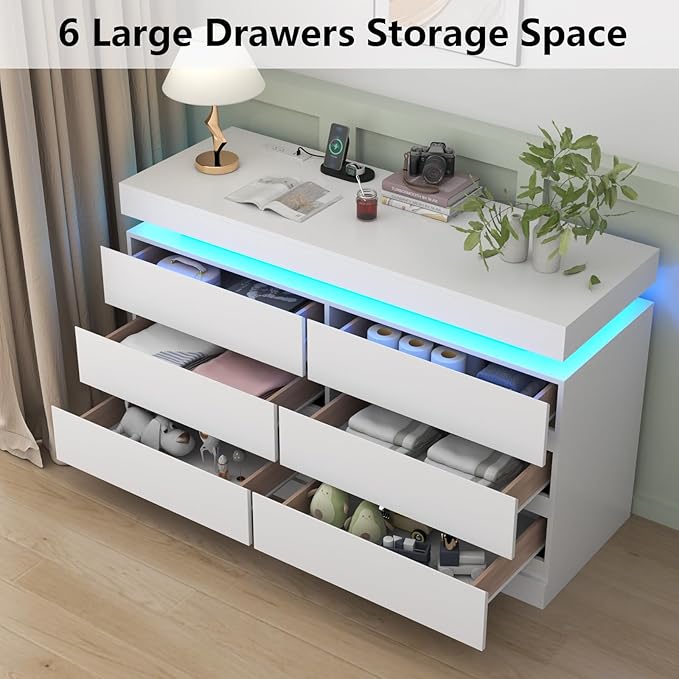 6 Drawer Dresser with Power Outlet, Dresser with LED Light, Modern Chest of - Image 5