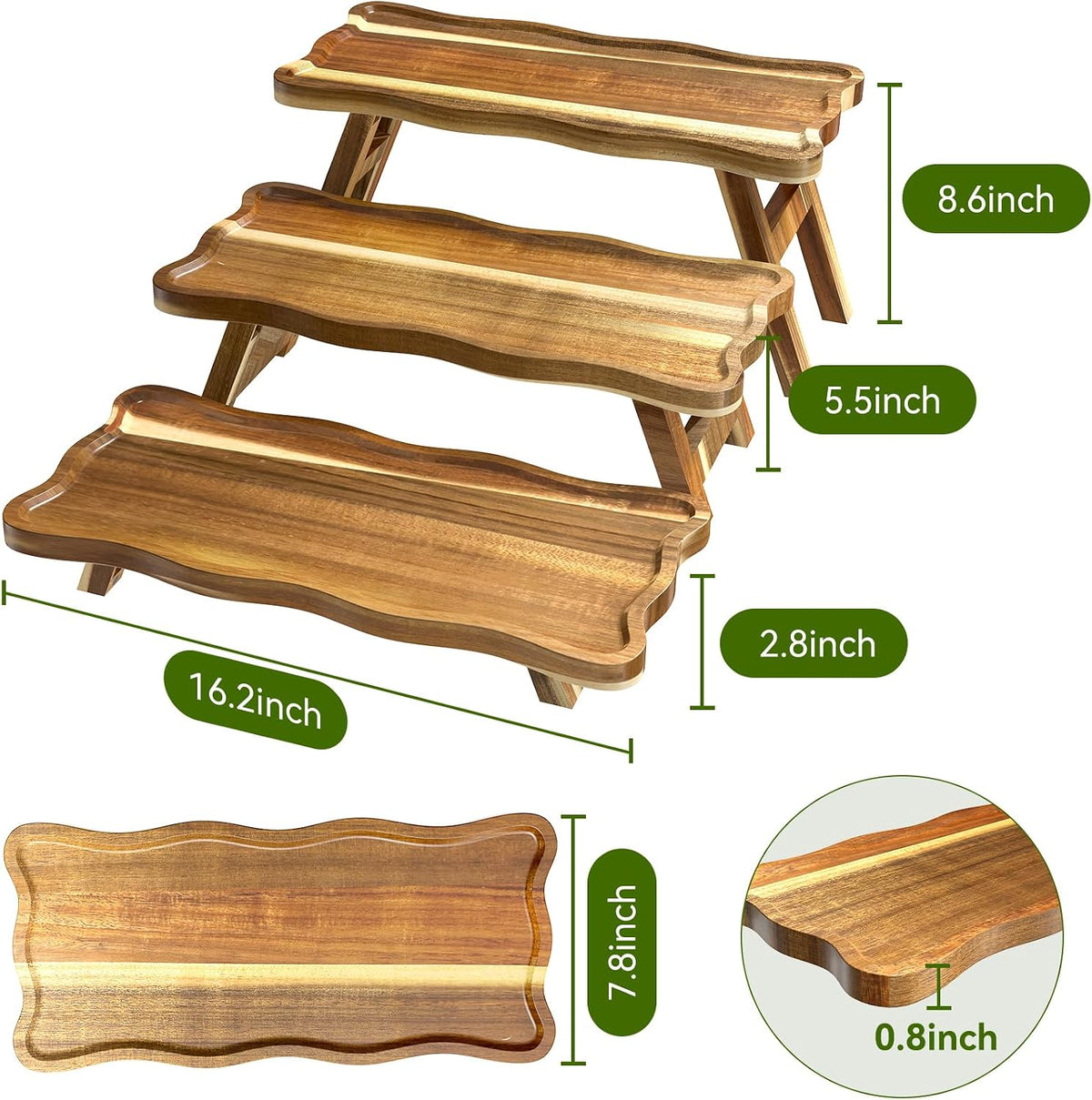 Acacia Wood 3 Tier Cupcake Stand, Serving Tray for Party, Foldable Dessert Ta...