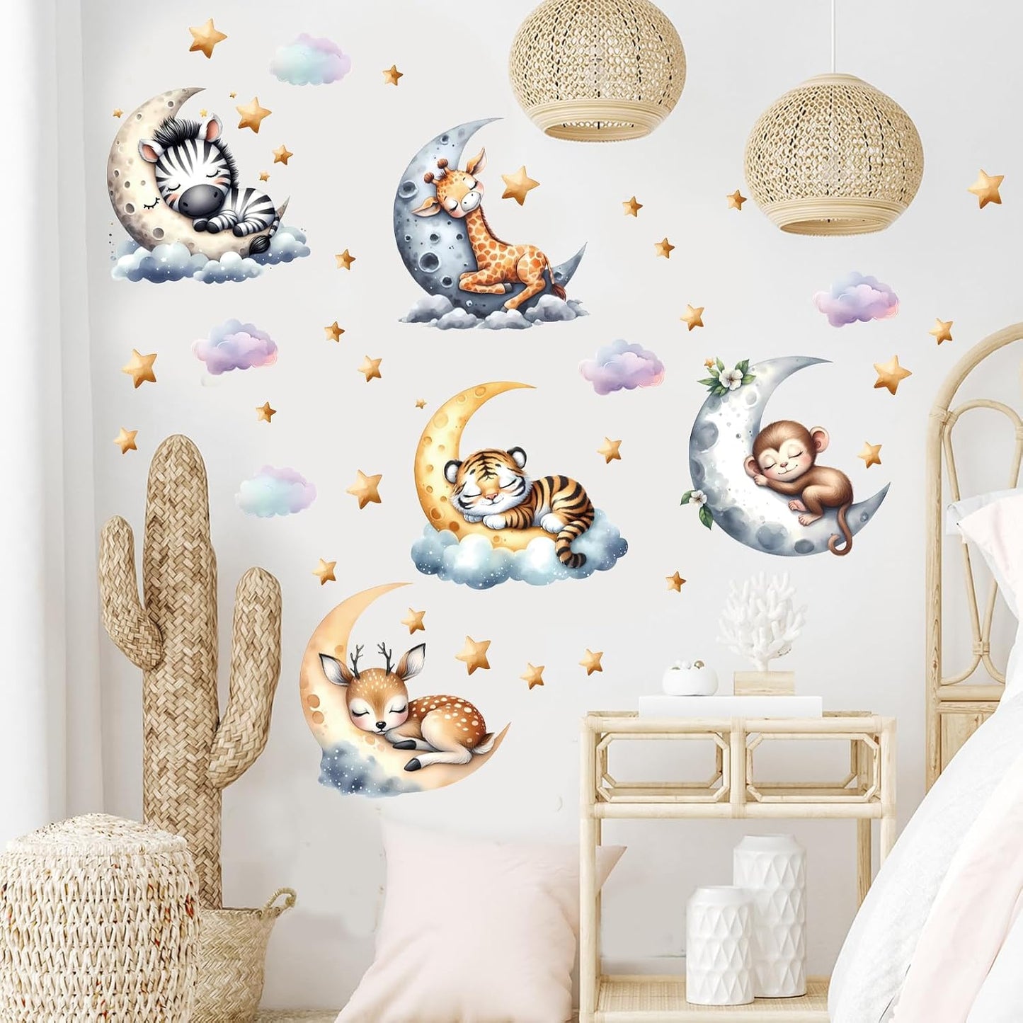 Jungle Animal Wall Decals for Nursery – Removable Safari Animal Stickers for Baby Room, Kids Bedroom & Playroom – Moon and Stars Animals Wall Art Decor for Boys and Girls