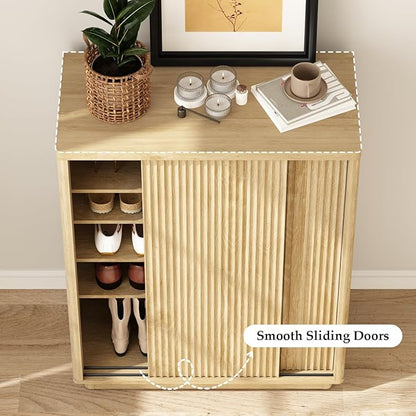 Fluted Shoe Cabinet with Sliding Door Set of 2, 6-Tier Large Hidden Storage - Image 5
