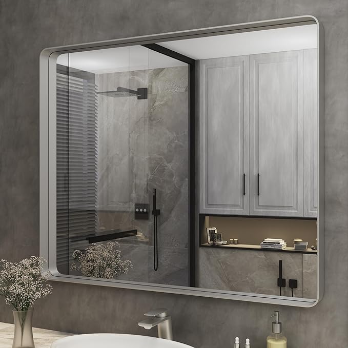ISKM Silver Metal Framed Bathroom Mirror, 40 x 32 Inch Brushed Silver Vanity by ISKM-IStillKeepMovin