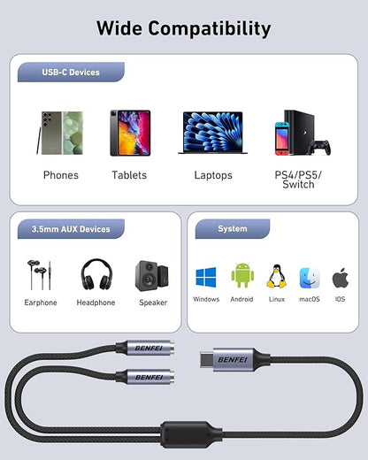BENFEI USB C to Dual 3.5mm Audio Splitter, Headphone Adapter - Image 7