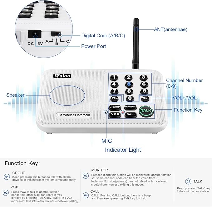Wuloo Intercoms Wireless for Home 5280 Feet Range 10 Channel 3 Code, Wireless - Image 5
