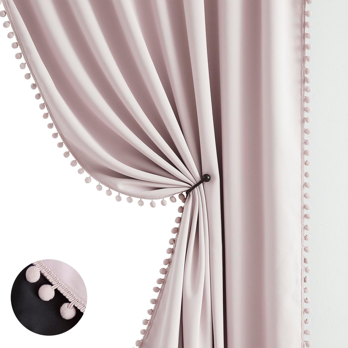 Treatmentex Pompom Pink Full Blackout-Curtains for Bedroom, Thermal Insulated Small Curtain Drapes for Baby Nursery Room Basement 52" W x 45" L 2 Panels Rod Pocket