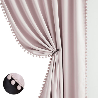 Treatmentex Pompom Pink Full Blackout-Curtains for Bedroom, Thermal Insulated Small Curtain Drapes for Baby Nursery Room Basement 52" W x 45" L 2 Panels Rod Pocket