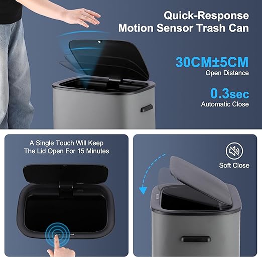 14.5 Gal/55L Trash Can with Lid, Automatic Touchless Garbage Can with - Image 6