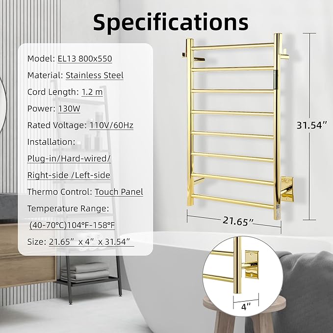 P&Bhusri Polished Gold Heated Towel Rack, 21.65" L x 31.54" H 8-bar Fast Dry - Image 6