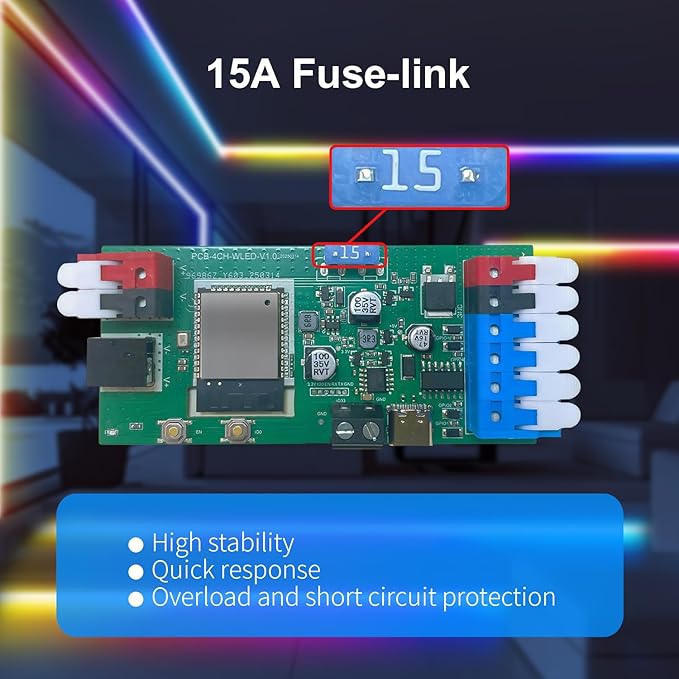 ESP32 WLED RGB IC LED Strip Controller 4 Channel Outputs 15A Fuse Mic Sound - Image 4