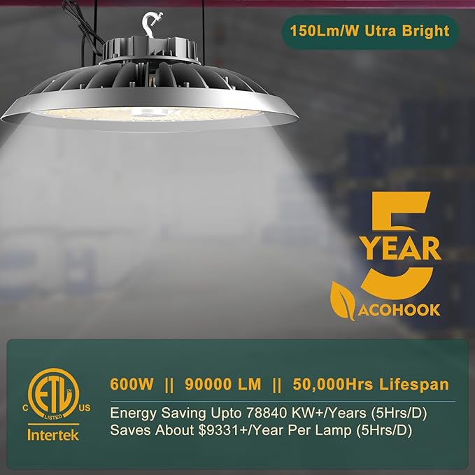 ACOHOOK 2Pack 600W UFO LED High Bay Light 5000K Daylight, 000 Lumens Super - Image 3