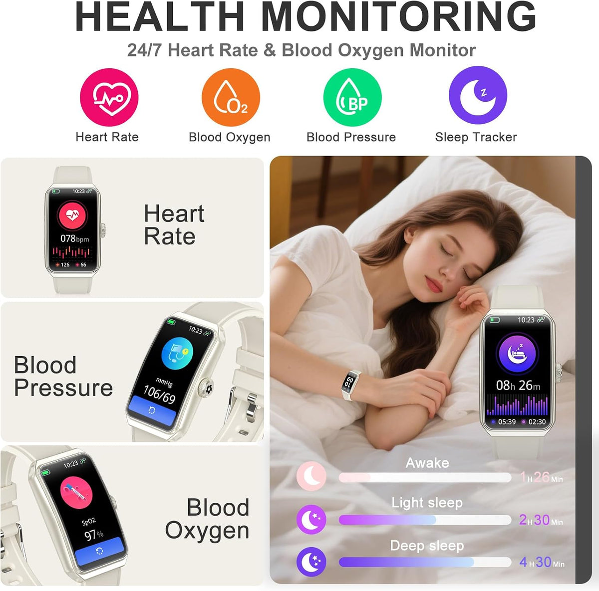 fitness tracker, step counter with 24/7 heart rate shown in use