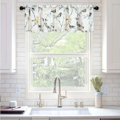 Faux Linen Curtains Valance for Farmhouse, 1 Panel Birds Print Country Style Window Topper for Living Dining Room, Top Rod Pocket, 42 x 12 Inches, Grey