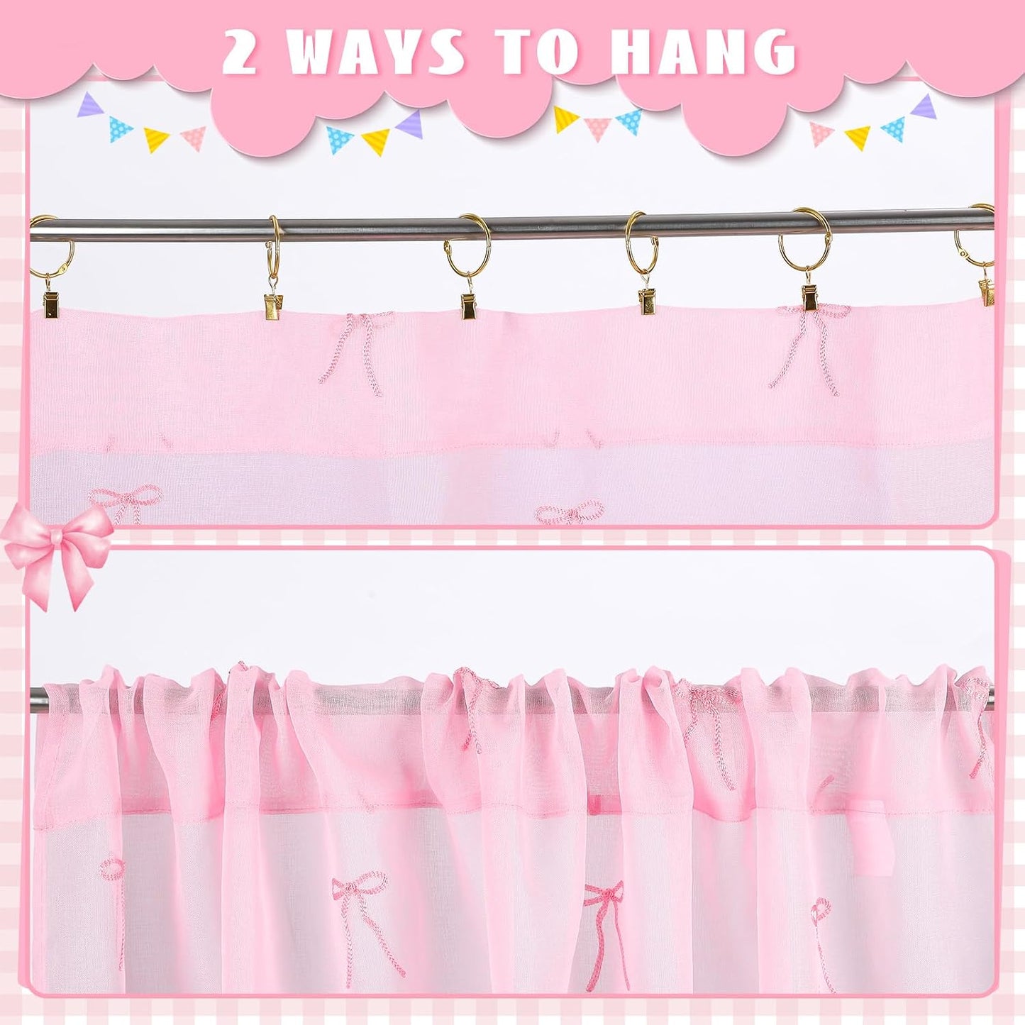 Tegeme 2 Panels Pink Bow Sheer Curtains for Bedroom 84 Inch | Embroidered Voile for Girls Room, Light Filtering Bedroom Decor, Sheer Panels for Kids Teens, Decorative Window Drapes