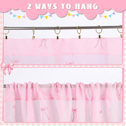 Tegeme 2 Panels Pink Bow Sheer Curtains for Bedroom 84 Inch | Embroidered Voile for Girls Room, Light Filtering Bedroom Decor, Sheer Panels for Kids Teens, Decorative Window Drapes