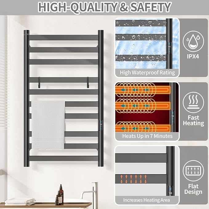 Heated Towel Rack for Bathroom, Hot Towel Warmer Rack Large 10 Bar Electric Hot - Image 2