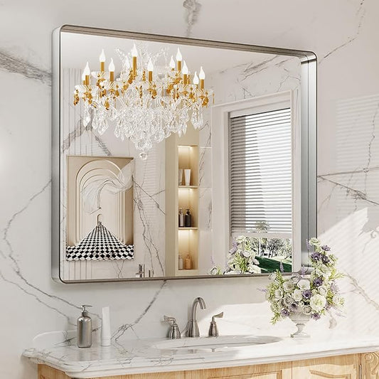 LOAAO 40X36 Inch Brushed Nickel Bathroom Mirror, Rounded Rectangle Silver Metal by LOAAO