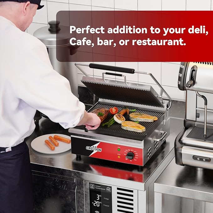 CROSSON 15"×11" Ribbed ETL Listed Commercial Electric Panini Grill, Hinged Auto - Image 2