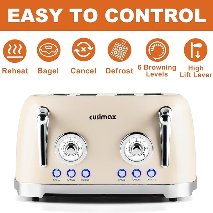 CUSIMAX Toaster 4 Slice, Retro Toaster - Image 3
