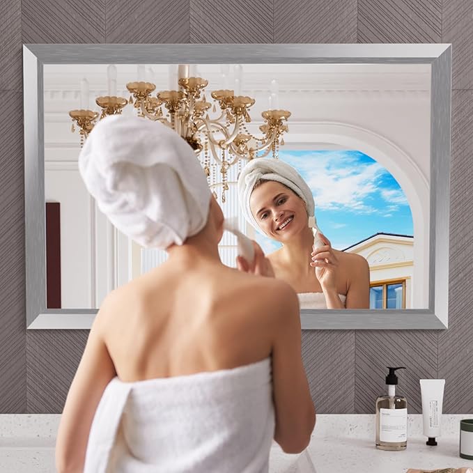 Amorho 48x32 Inch Bathroom Mirror Silver, Thick Metal Framed Wall Mirrors - Image 6