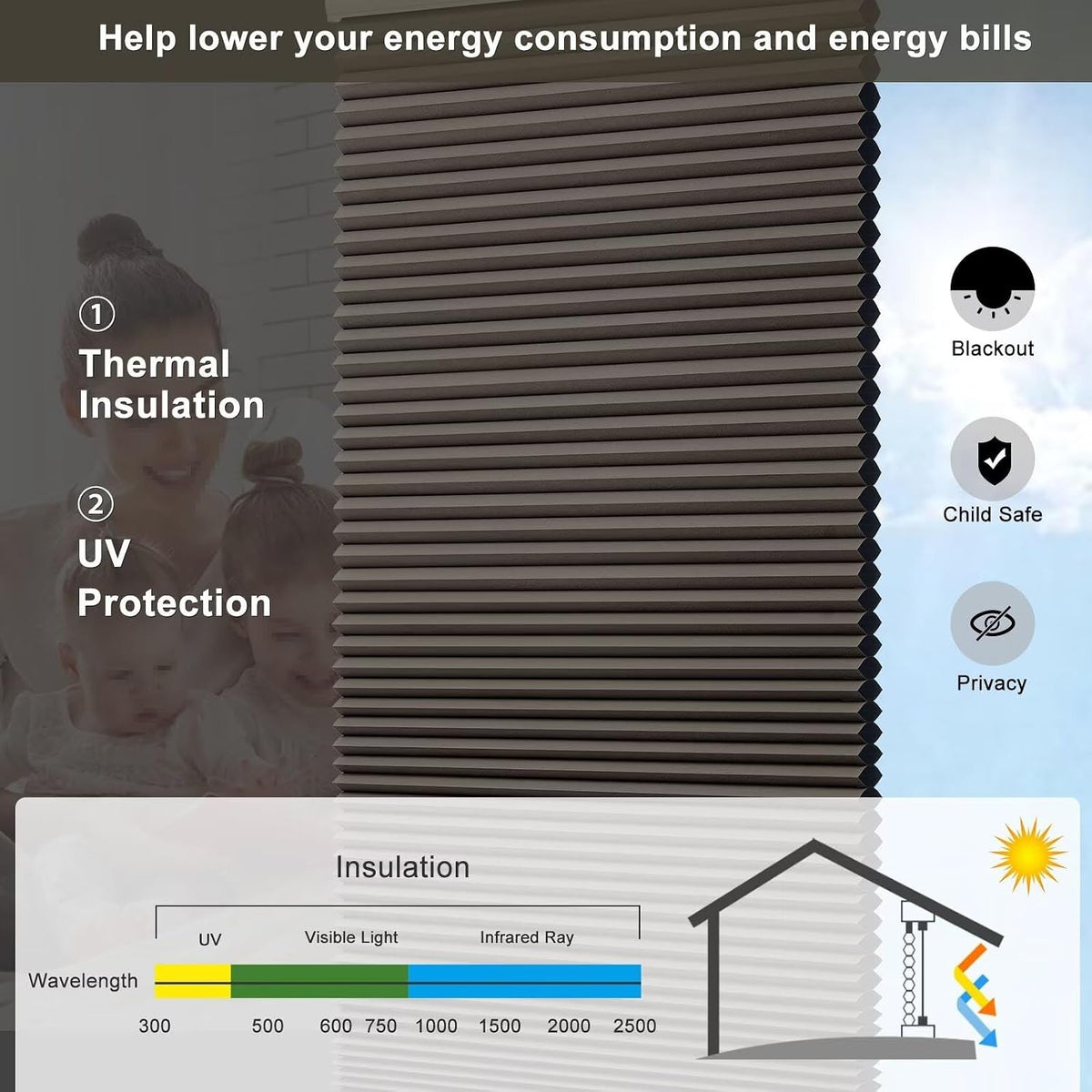 Cellular Shades Door Window Blinds Cordless Blackout, Honeycomb Blind Accordion Shade Room Darkening Indoor Pleated 1.5" Cell, Custom Size, Taupe
