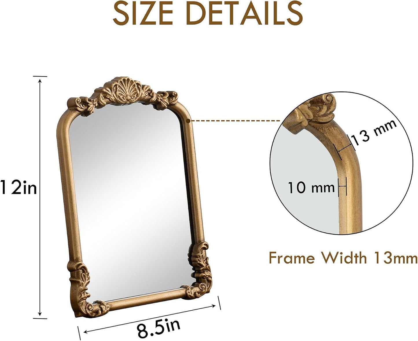 Vintage Small Vanity Gold 8x12 Antique Table Desk Mirror with Stand | Makeup Ornate Arched Decor Mirror, Small Brass Wedding Wood Mirror, For Tabletop Living Room Countertop Bedroom Bathroom