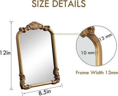 Vintage Small Vanity Gold 8x12 Antique Table Desk Mirror with Stand | Makeup Ornate Arched Decor Mirror, Small Brass Wedding Wood Mirror, For Tabletop Living Room Countertop Bedroom Bathroom